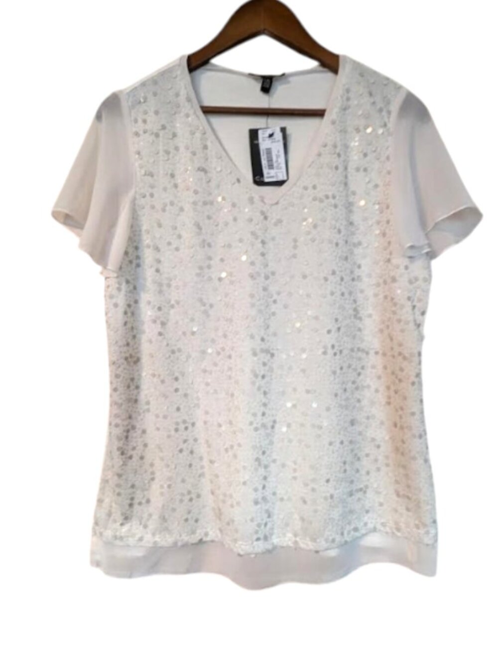 Conrad C Ivory Sequin V-Neck Chiffon Overlay Blouse Top Size L NWT